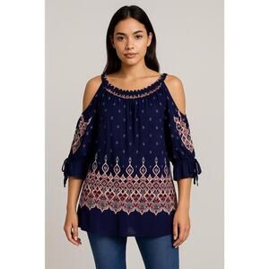 PLook Women’s Boho Cold Shoulder Tunic Top Size M Navy Multicolor Viscose